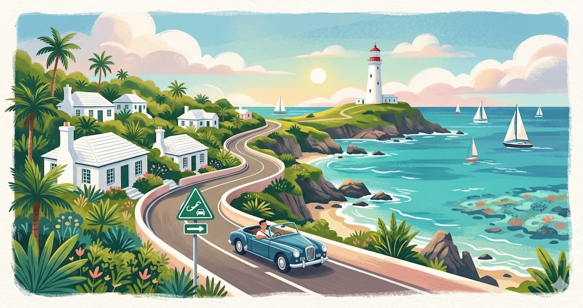 Illustration of a convertible driving along a Bermuda coastal road past pastel cottages and a lighthouse